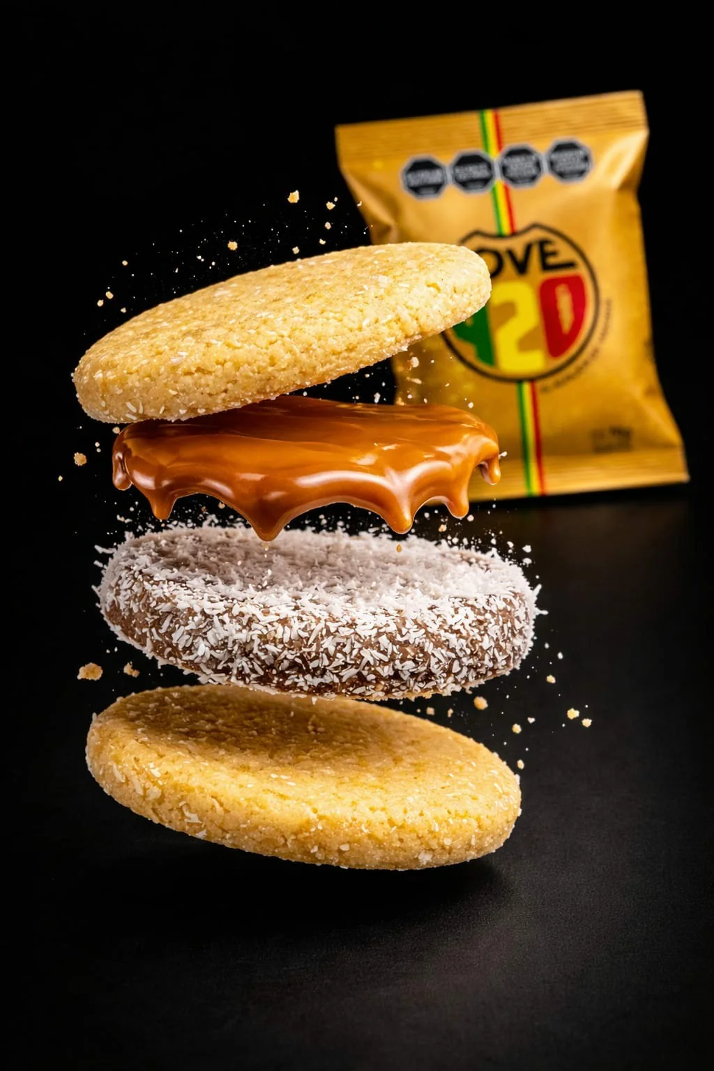 Alfajor de Maicena Love420 con dulce de leche y coco rallado